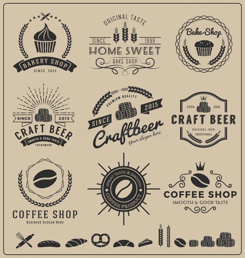 Uppsättningar av bakar shoppar, hantverköl, coffee shoplogoen och gradbeteckningen för att brännmärka stock illustrationer