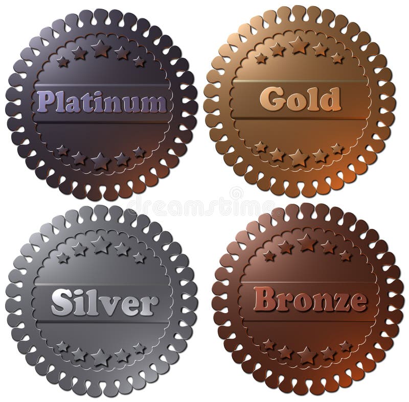Uppsättningen av 4 3D framförde medaljer, guld- silver för platina och brons royaltyfri illustrationer Uppsättningen av 4 3D framförde medaljer, guld- silver för platina och brons royaltyfri illustrationer