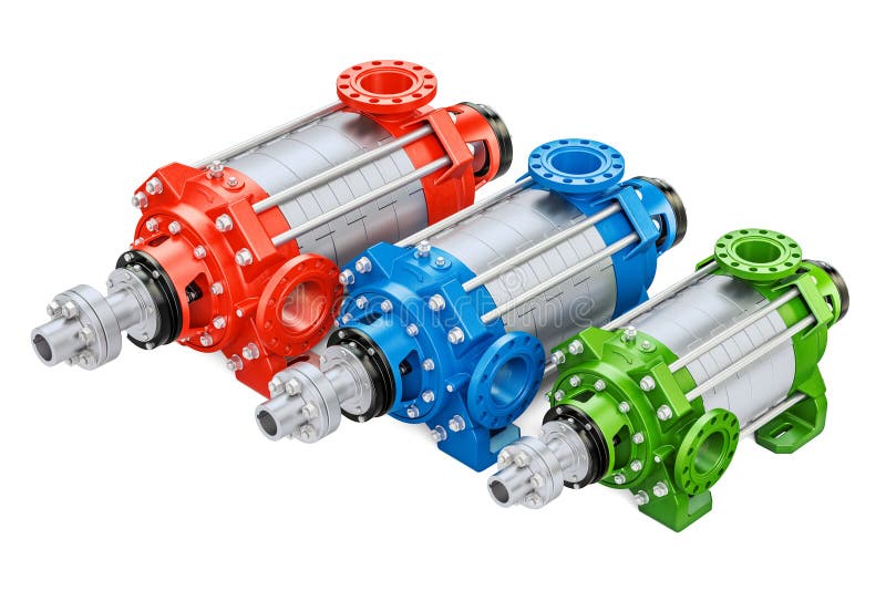Uppsättningen av den kulöra horisontalmultistage centrifugala pumpen, 3D framför vektor illustrationer Uppsättningen av den kulöra horisontalmultistage centrifugala pumpen, 3D framför vektor illustrationer