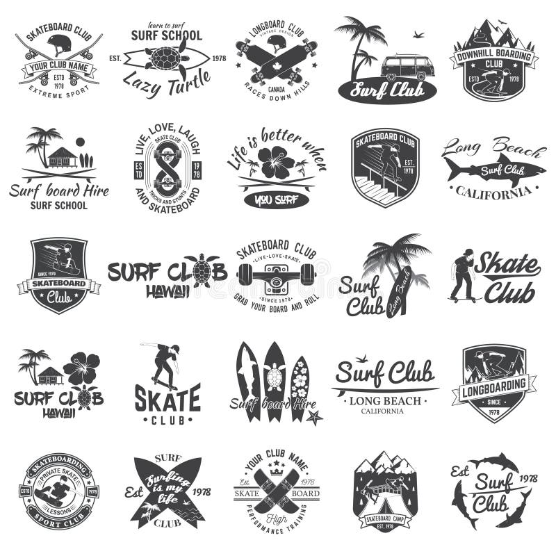 Uppsättningen av den skateboard-, longboard- och bränningklubban förser med märke också vektor för coreldrawillustration stock illustrationer