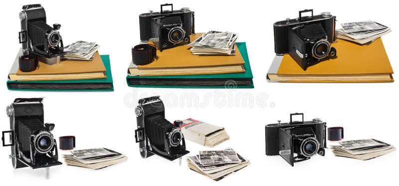 Uppsättningen av foto, antikviteten, svart, den fick- kameran, gamla fotoalbum, retro svartvita fotografier, den historiska negat royaltyfri bild Uppsättningen av foto, antikviteten, svart, den fick- kameran, gamla fotoalbum, retro svartvita fotografier, den historiska negat royaltyfri bild