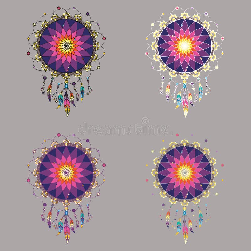 Uppsättningen av fyra färgrika dreamcatchers i regnbåge tonar vektor illustrationer Uppsättningen av fyra färgrika dreamcatchers i regnbåge tonar vektor illustrationer