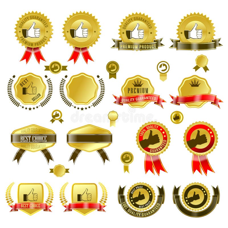 Uppsättningen av guld förser med märke med band- och klistermärkevektorillustrationen, med etikettsbanret vektor illustrationer Uppsättningen av guld förser med märke med band- och klistermärkevektorillustrationen, med etikettsbanret vektor illustrationer