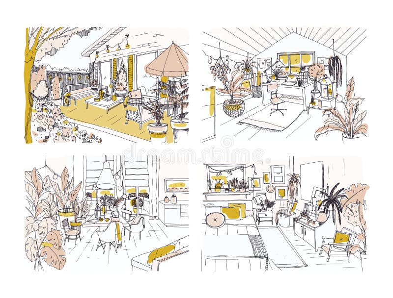 Uppsättningen av halvan som freehand färgas, skissar av den hemtrevliga lägenheten som möbleras i skandinavisk hyggestil Packe av royaltyfri illustrationer Uppsättningen av halvan som freehand färgas, skissar av den hemtrevliga lägenheten som möbleras i skandinavisk hyggestil Packe av royaltyfri illustrationer