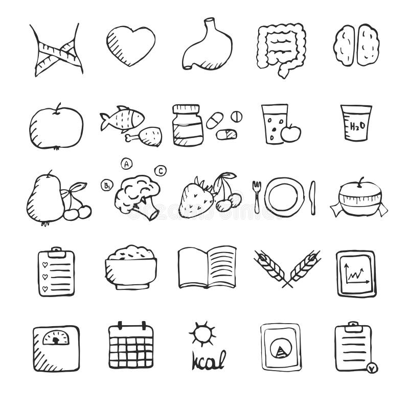 Uppsättningen av handen drog sunda livsstilsymboler ställde in vektor illustrationer Uppsättningen av handen drog sunda livsstilsymboler ställde in vektor illustrationer