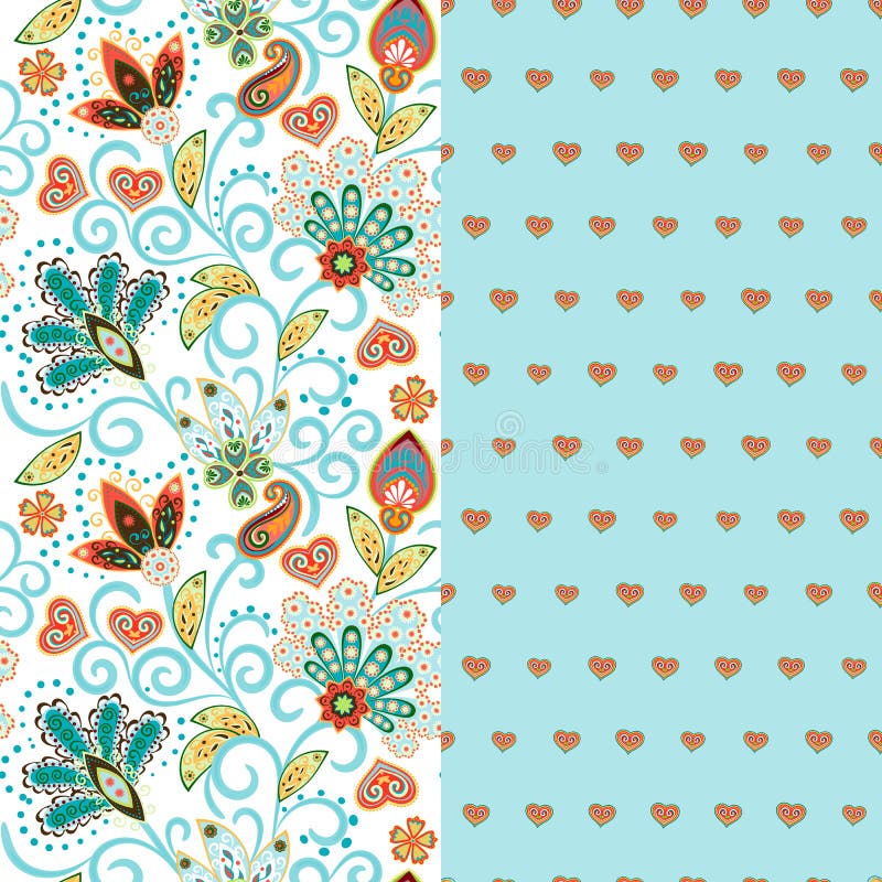 Uppsättningen av horisontalsömlös blom- modell två med paisley och fantasiblommor gränsar Hand dragen textur för kläder stock illustrationer Uppsättningen av horisontalsömlös blom- modell två med paisley och fantasiblommor gränsar Hand dragen textur för kläder stock illustrationer
