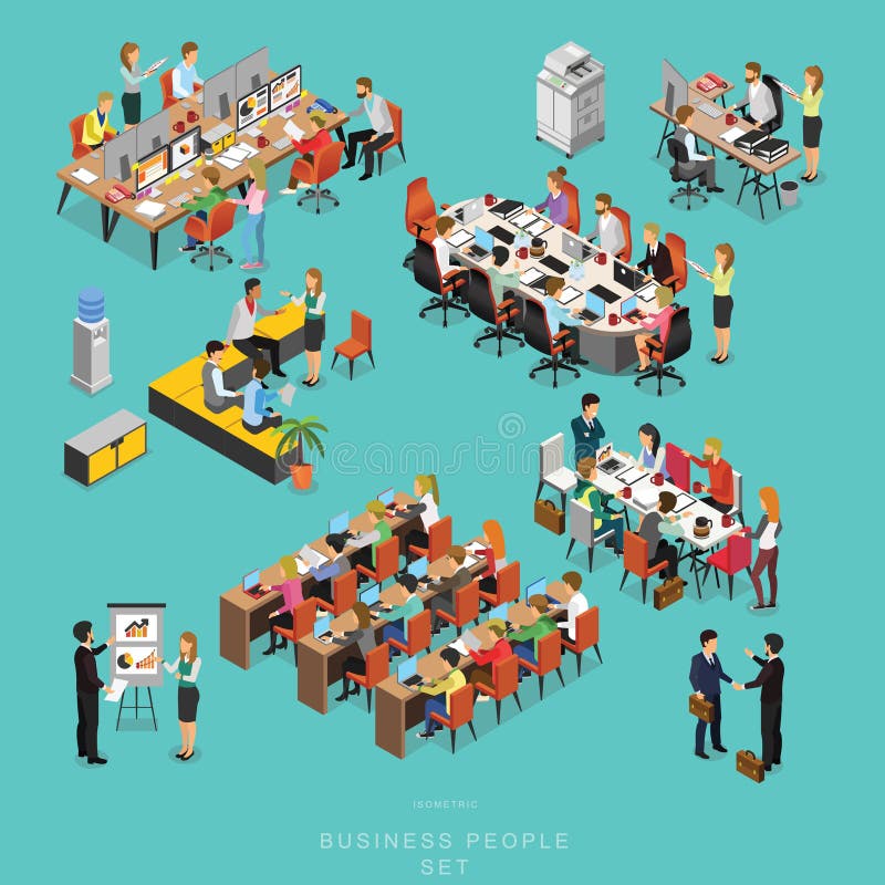 Uppsättningen av isometrisk teamwork för affärsfolk som i regeringsställning möter, delar idén, infographic vektordesign stock illustrationer