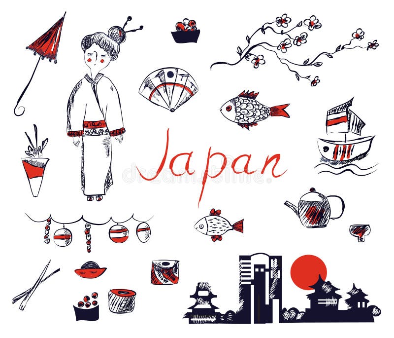 Uppsättningen av Japan symboler - räcka den utdragna designen vektor illustrationer Uppsättningen av Japan symboler - räcka den utdragna designen vektor illustrationer