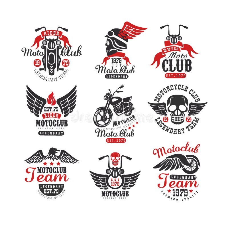 Uppsättningen av logoer för tappningmotorcykelklubba, emblem, etiketter, förser med märke Monokromma beståndsdelar med mopeden, s royaltyfri illustrationer Uppsättningen av logoer för tappningmotorcykelklubba, emblem, etiketter, förser med märke Monokromma beståndsdelar med mopeden, s royaltyfri illustrationer