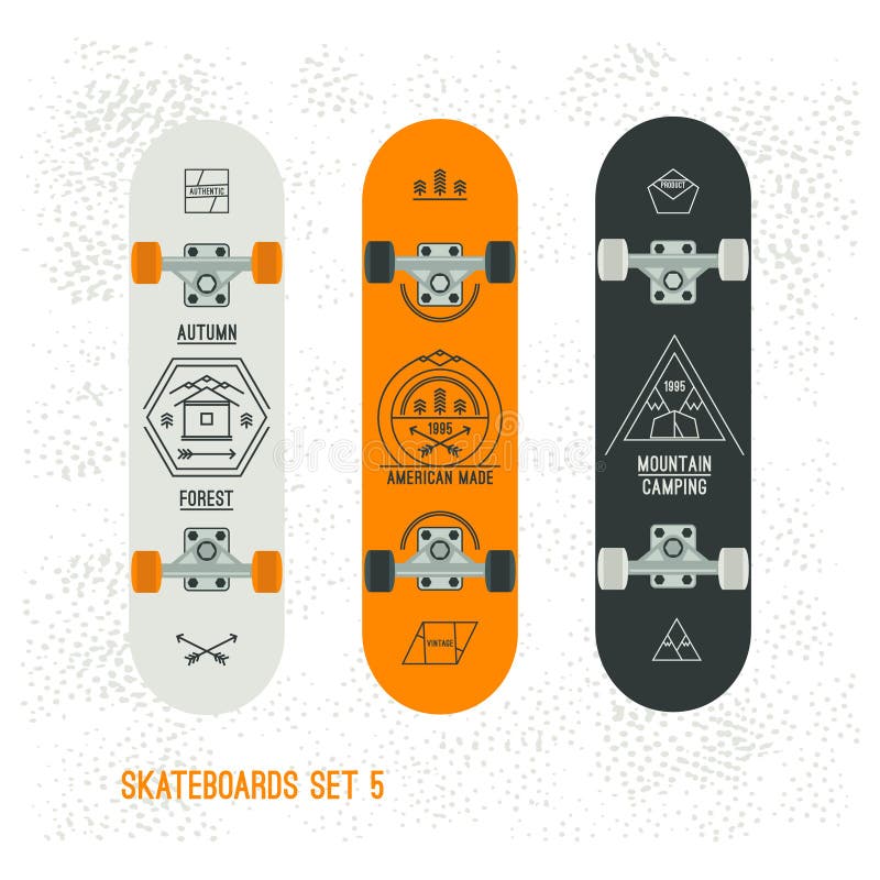 Uppsättningen av retro tappning förser med märke på en skateboard stock illustrationer
