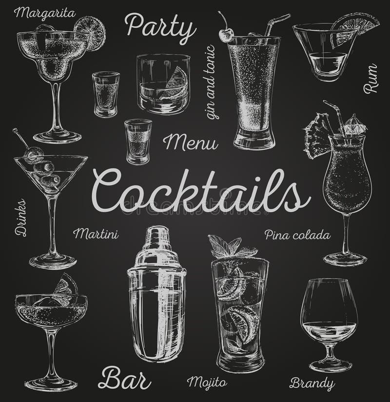 Uppsättningen av skissar drog illustrationen för coctail- och alkoholdrinkvektorn handen royaltyfri illustrationer