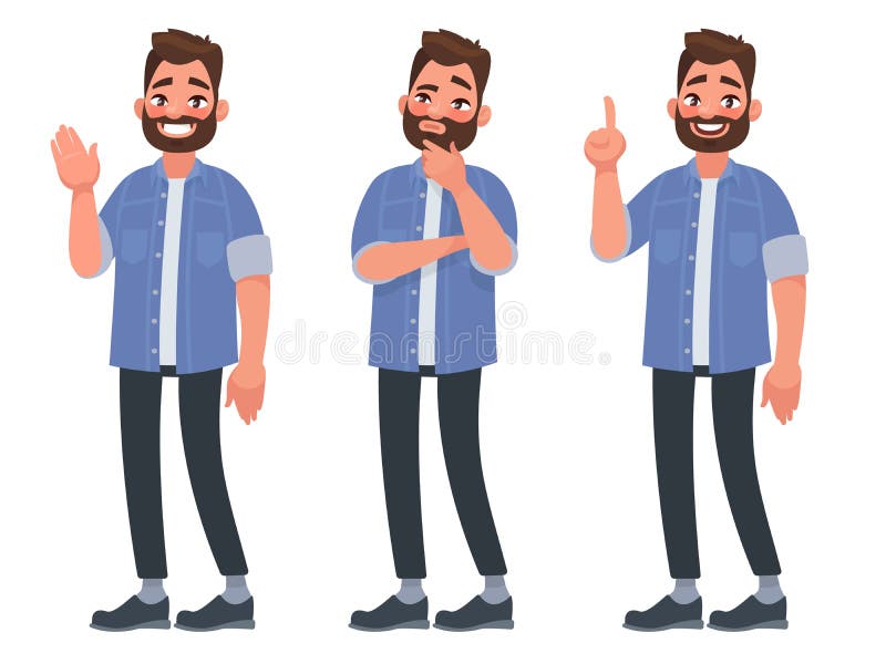 Set of character bearded man greets , thinks and finds a solution. Vector illustration in cartoon style. Set of character bearded man greets , thinks and finds a solution. Vector illustration in cartoon style