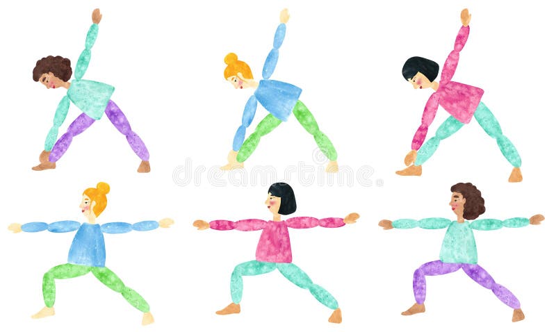 Uppsättningen av utdragna vattenfärgcollage för hand av flickor med mörkt och blont hår och olika hudsignaler som gör yoga, poser vektor illustrationer Uppsättningen av utdragna vattenfärgcollage för hand av flickor med mörkt och blont hår och olika hudsignaler som gör yoga, poser vektor illustrationer