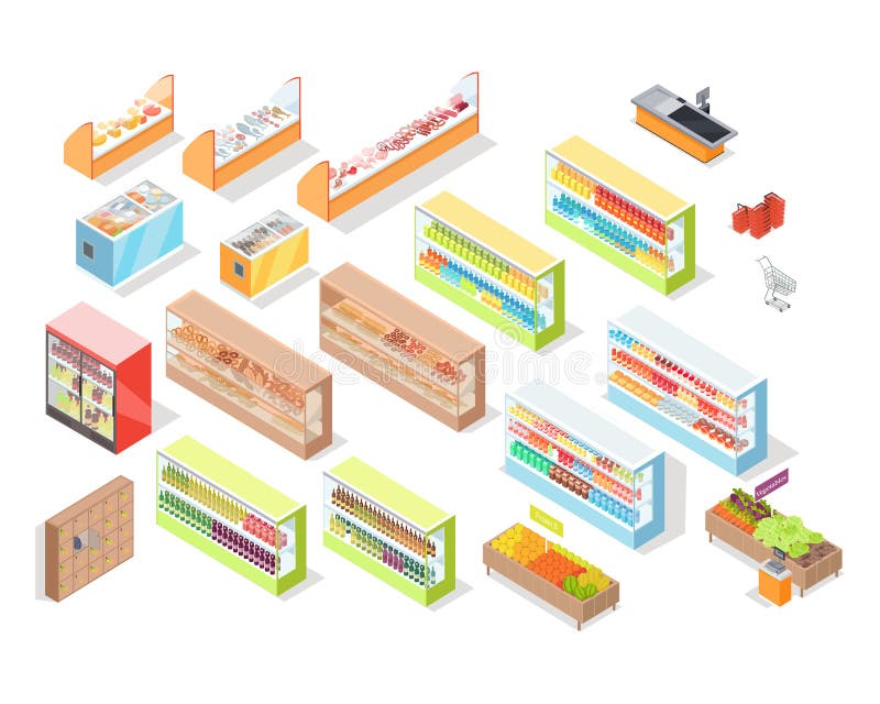 Uppsättningen för supermarketavdelningsinre shoppar symboler royaltyfri illustrationer Uppsättningen för supermarketavdelningsinre shoppar symboler royaltyfri illustrationer