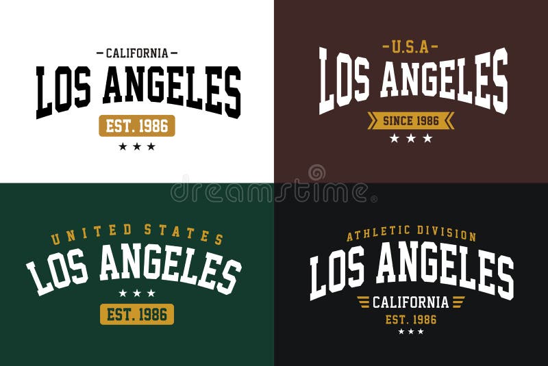 Uppsättningen märker universitets- stil, typografi Los Angeles för den idrotts- sporten för t-skjortatryck royaltyfri illustrationer Uppsättningen märker universitets- stil, typografi Los Angeles för den idrotts- sporten för t-skjortatryck royaltyfri illustrationer