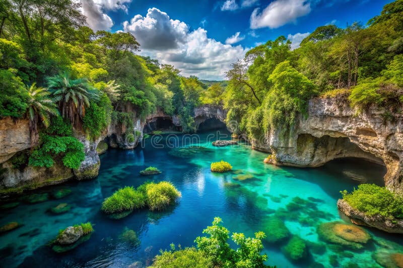 Upptäck Enchanting Emerald Lagoons och Mystical Caves i Los Tres Ojos nationalpark i Dominikanska republiken stock illustrationer
