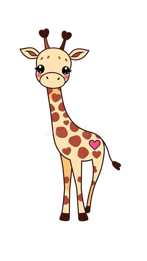 Cute Giraffe Sticker: Kawaii Heart-shaped Spots Vector Design on White Background. Upptäck vår berömvärda giraffdekalk med hjärtformade kawaii-prickar på en skarp vit bakgrund. Den här vektordesignen är perfekt för dem som med söta och snabba illustrationer av giraffernas uttryckliga ansikte och vidsträckta fläckar gör den till ett perfekt tillägg till din kawaii-klistermärken som använder den för att göra bärbara vattenflaskor eller andra ytor ljusare som ett nyans. imsy till