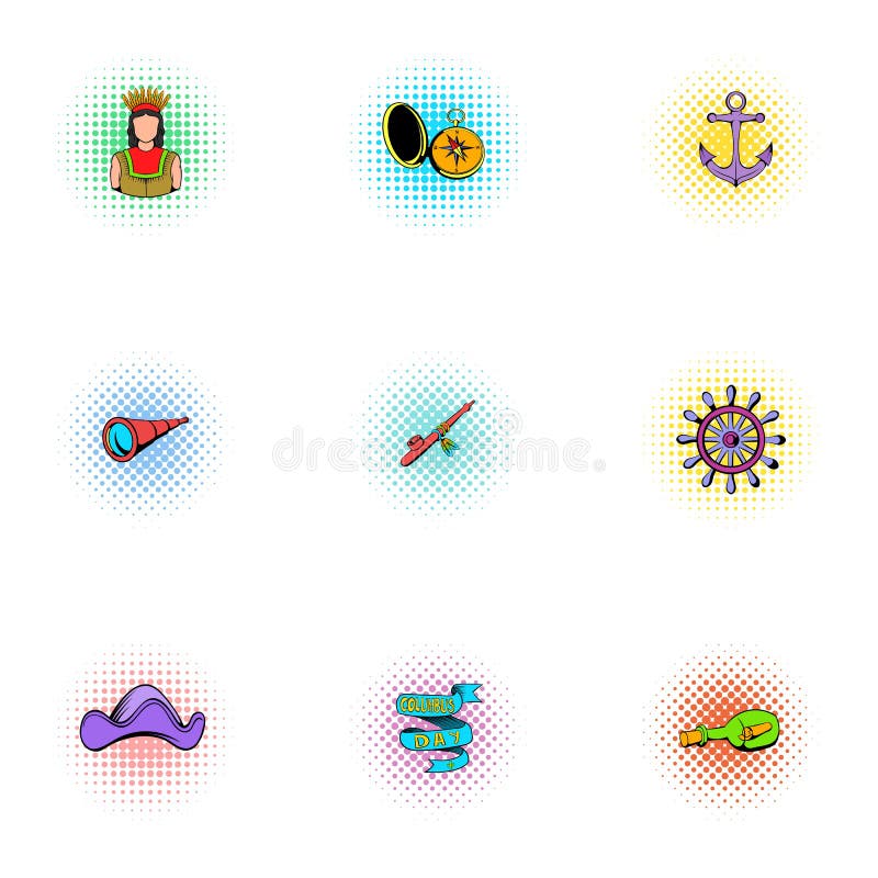 Upptäckten av Amerika symboler ställde in, pop-konst stil royaltyfri illustrationer Upptäckten av Amerika symboler ställde in, pop-konst stil royaltyfri illustrationer