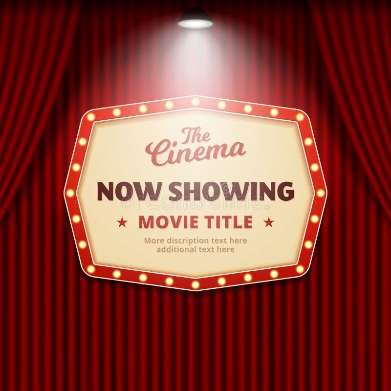 Uppvisning nu av film i bioaffischdesign retro teatertecken med strålkastaren och den röda illustrationen för gardinbakgrundsvekt vektor illustrationer Uppvisning nu av film i bioaffischdesign retro teatertecken med strålkastaren och den röda illustrationen för gardinbakgrundsvekt vektor illustrationer