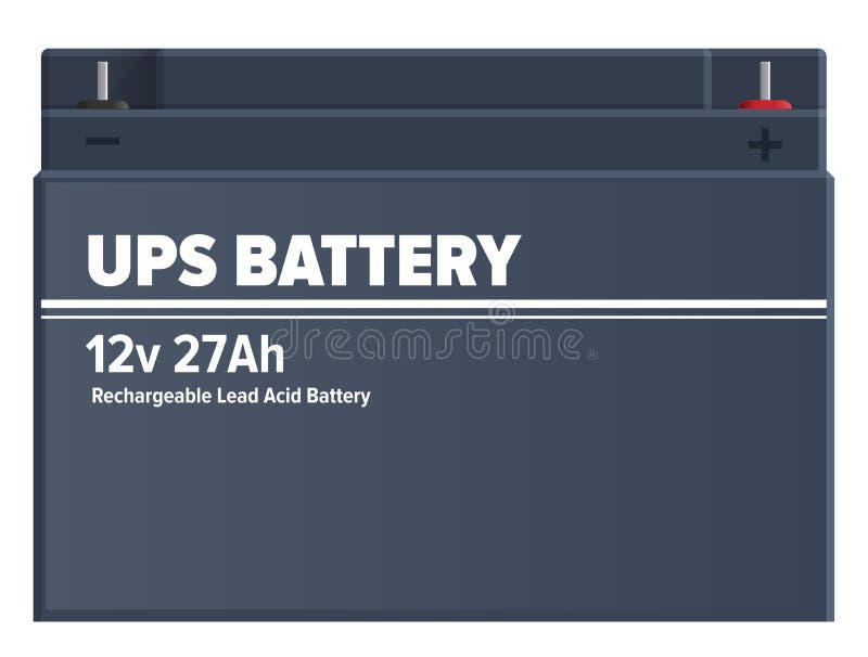 Ups rechargeable lead-acid battery isolated. Automotive industrial charging device vector illustration. Dark blue source of energy for recharge of electronic devices, metal plate in flat design. Ups rechargeable lead-acid battery isolated. Automotive industrial charging device vector illustration. Dark blue source of energy for recharge of electronic devices, metal plate in flat design