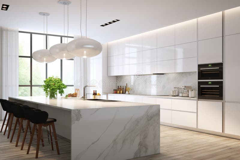 Upscale White Kitchen with a Touch of Luxury, Wooden Floor, and Kitchen