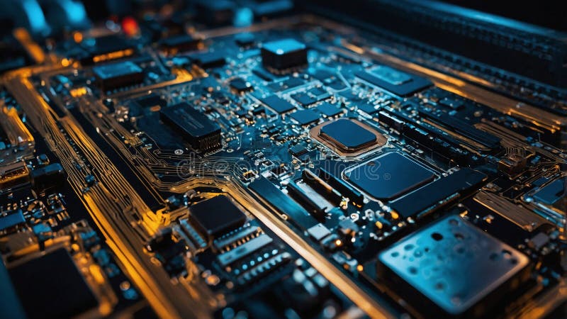 A close-up shot of microchips and intricate circuitry on a modern circuit board, highlighting detailed components stock illustration