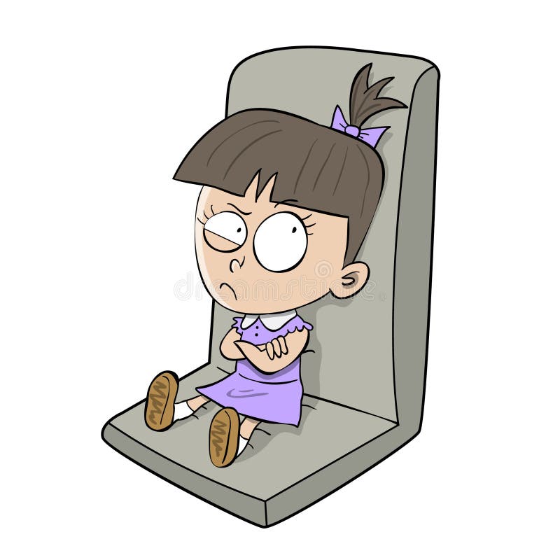 Upset little girl dressed in purple dress and sitting on a chair