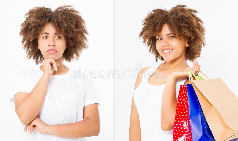 Before after Upset sad african american woman in white template blank t shirt isolated. Young Afro female with curly hair. Before-