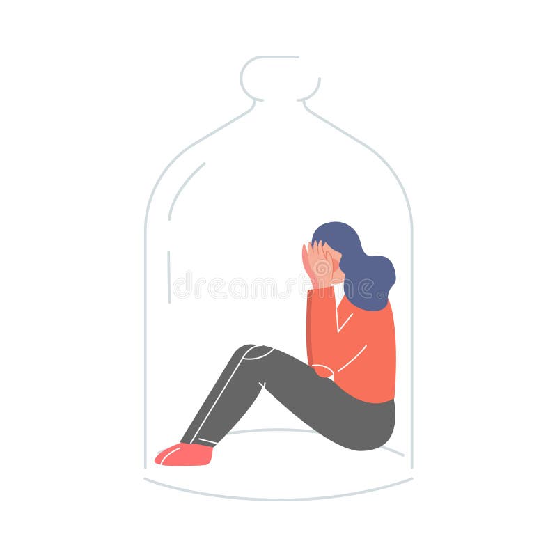 Upset Young Woman Sitting under Glass Dome, Depression, Loneliness Vector Illustration stock illustration Upset Young Woman Sitting under Glass Dome, Depression, Loneliness Vector Illustration stock illustration