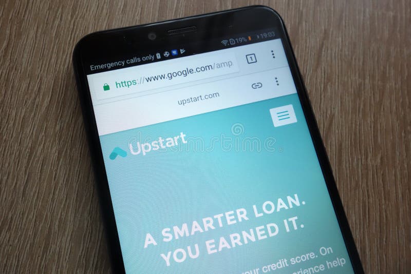 Upstart fintech company website displayed on a modern smartphone