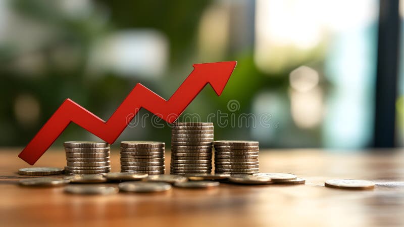 Stack of coins with a red downward arrow, illustrating the effect of falling interest rates on savings royalty free illustration
