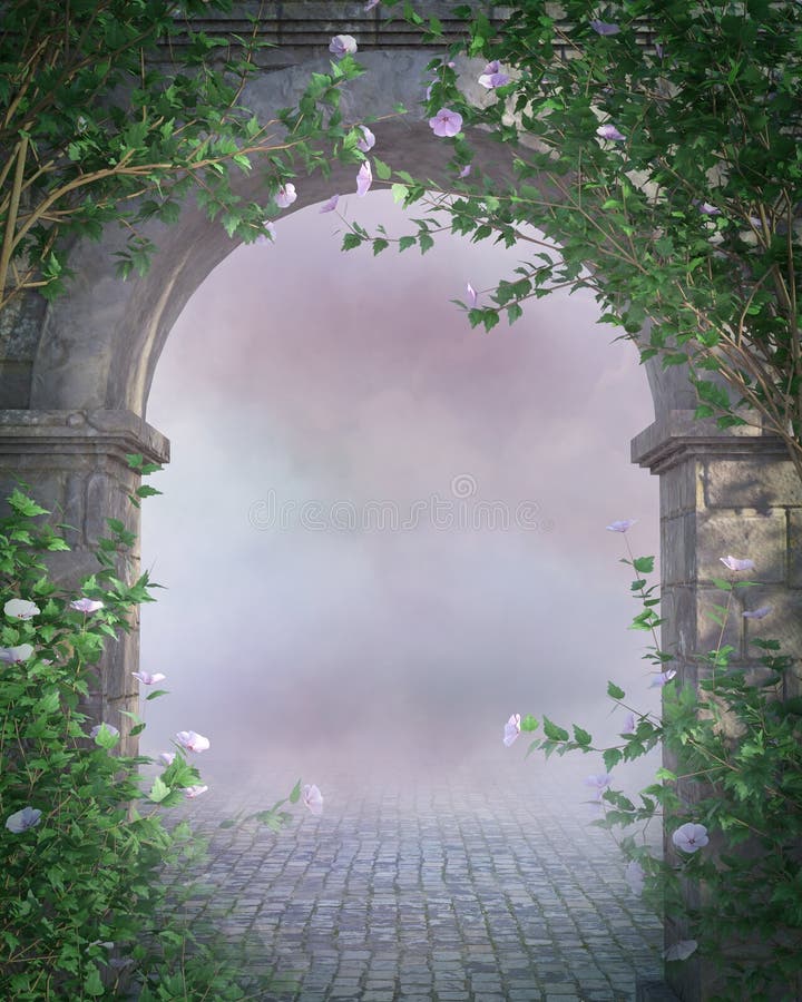 Uralter Steingewölbe mit rosa Blumen lizenzfreie abbildung