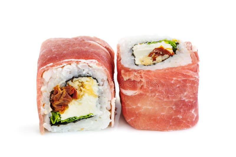 Uramaki maki sushi with procsiutto, two rolls isolated on white