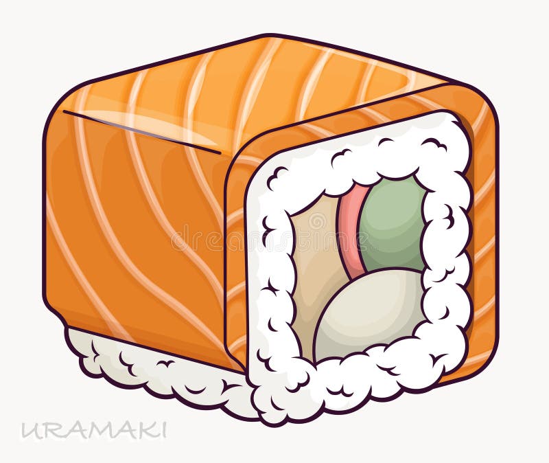 Uramaki sushi roll giapponese in stile cartone animato. avvolti in riso e ricoperti di salmone fresco. royalty illustrazione gratis