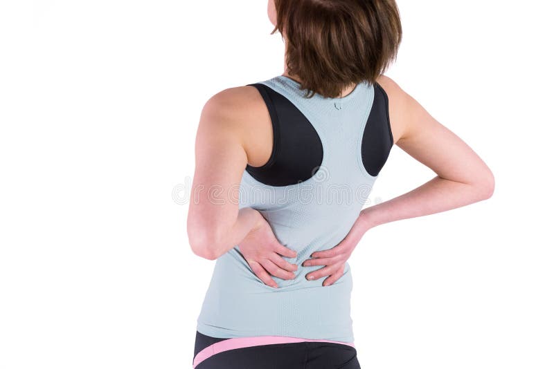 Woman with back injury on white background. Woman with back injury on white background