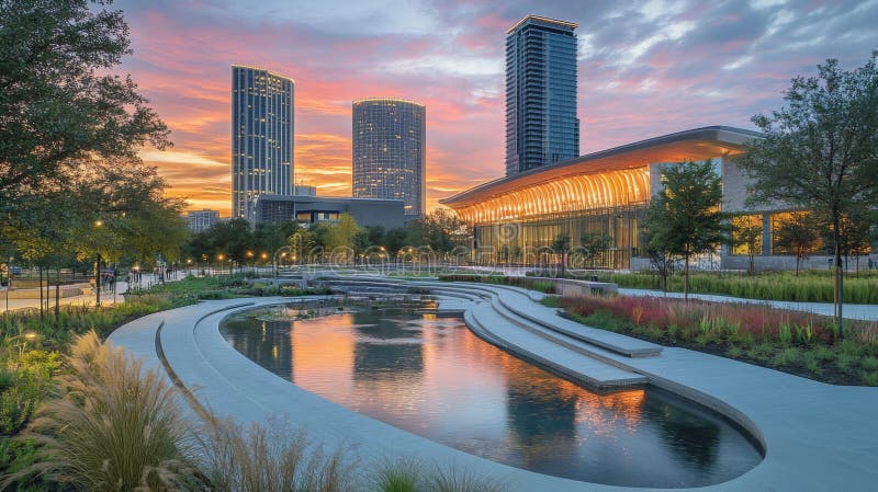 Urbain Parc Sunset Cityscape Reflétant les bâtiments et l'eau illustration stock