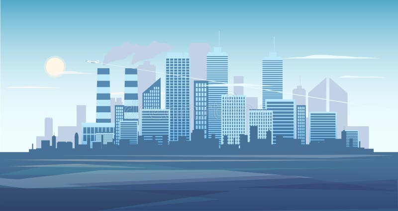 Urban Background of Cityscape with the Factory. City Skyline Vector  Illustration. Blue City Silhouette Stock Vector - Illustration of  horizontal, skyline: 105635081