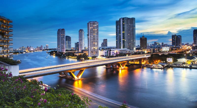 Urban City Skyline, Chao Phraya River, Bangkok, Thailand.