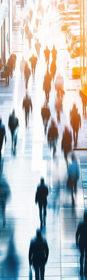 Urban crowd movement through futuristic corridor with blurred details and dynamic composition stock photo