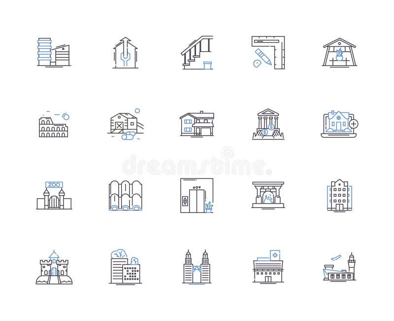 Urban design outline icons collection. Urban, Design, Streetscape, Planning, Landscape, Architecture, Infrastructure stock illustration