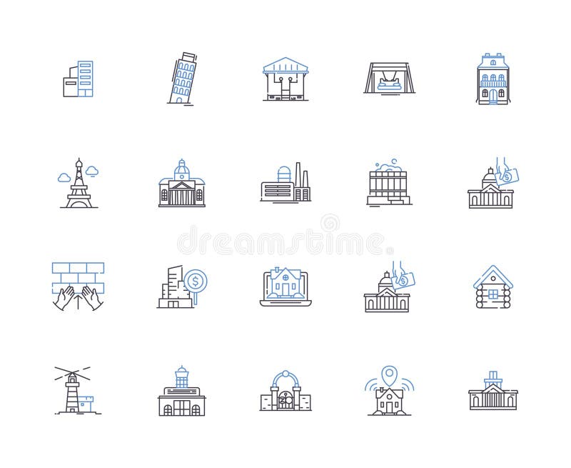 Urban design outline icons collection. Urban, Design, Streetscape, Planning, Landscape, Architecture, Infrastructure stock illustration