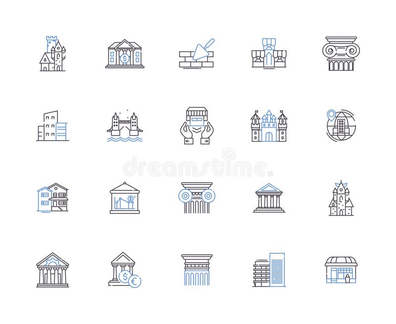 Urban design outline icons collection. Urban, Design, Streetscape, Planning, Landscape, Architecture, Infrastructure stock illustration