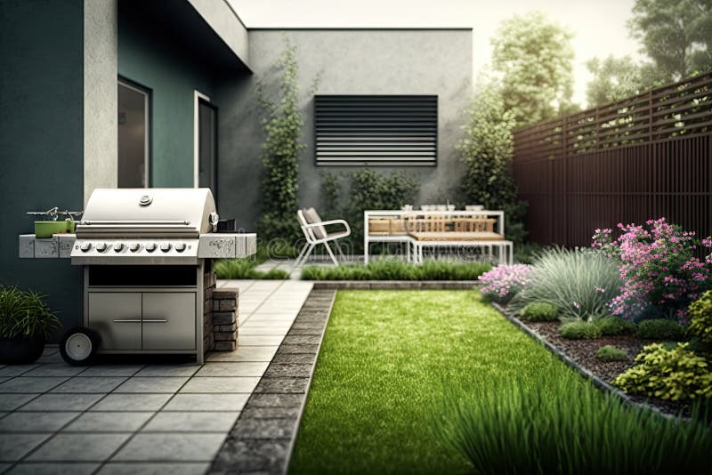 Urban Garden with Empty Barbecue Grill in Grass and Benches in Cozy Backyard Stock Image Image