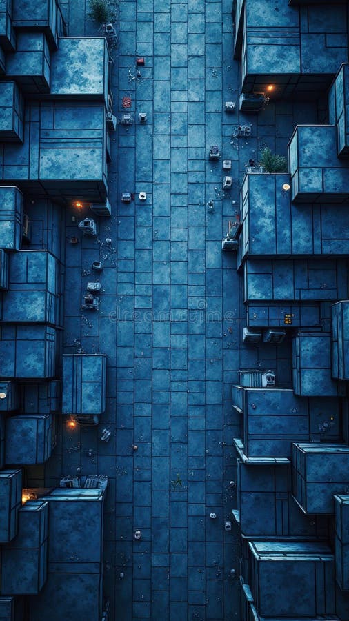 Urban geometry: aerial view of symmetrical blue buildings with night lights royalty free stock images