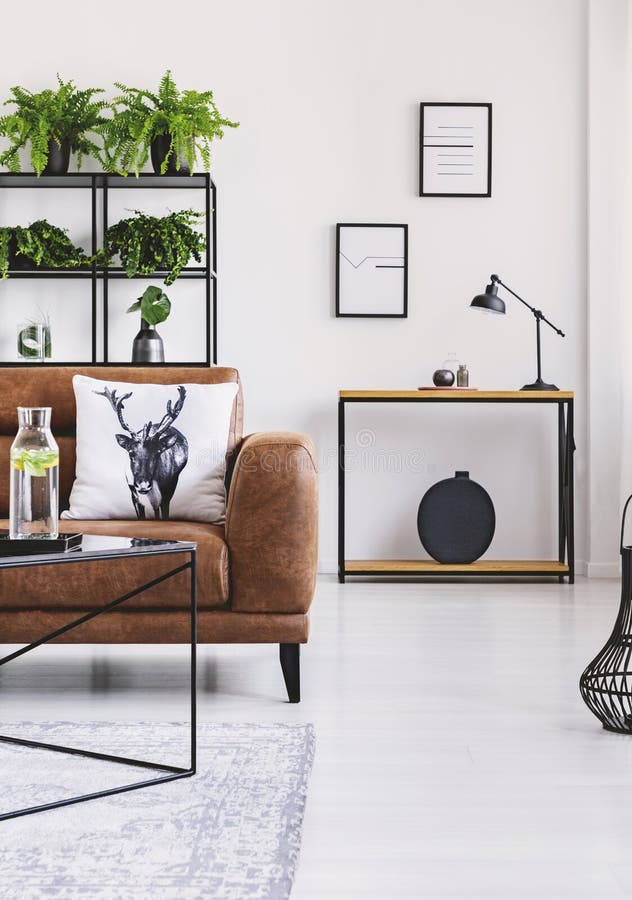 Urban jungle in modern home interior. Pots with plant on a shelf behind leather sofa.