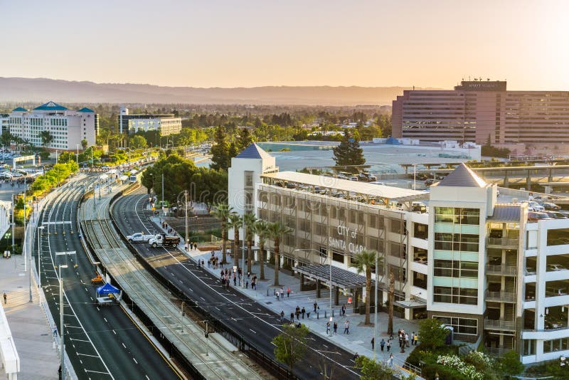 May 11, 2018 Santa Clara / CA / USA - Sunset view of the street and surrounding buildings near Levi`s Stadium in south San Francisco bay area. May 11, 2018 Santa Clara / CA / USA - Sunset view of the street and surrounding buildings near Levi`s Stadium in south San Francisco bay area