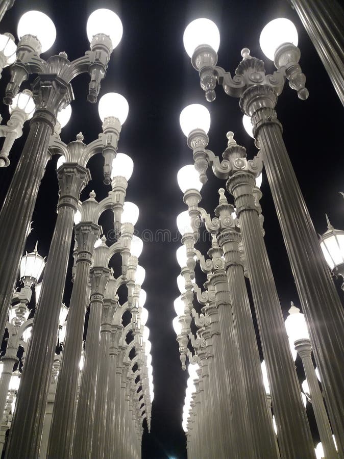 Los Angeles Museum of Arts Skyscraper and Lots of Street Lights Stock