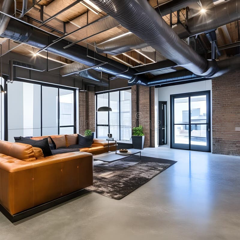 16 an Urban Loft style Living Room with Exposed Ductwork, Concrete