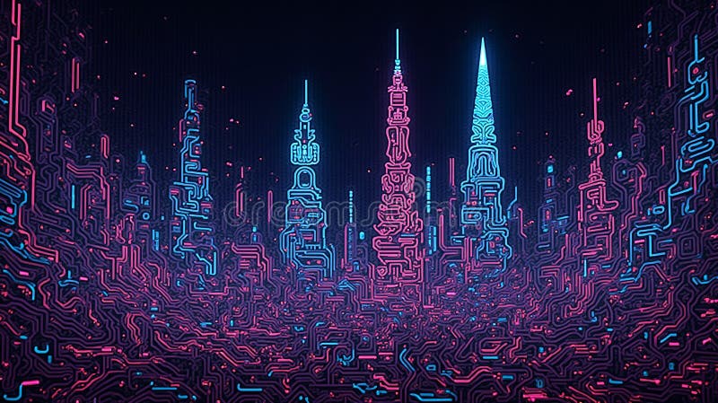 Urban Luminescence : Abstrakta mönster som lyser en cybernetisk stad royaltyfri illustrationer
