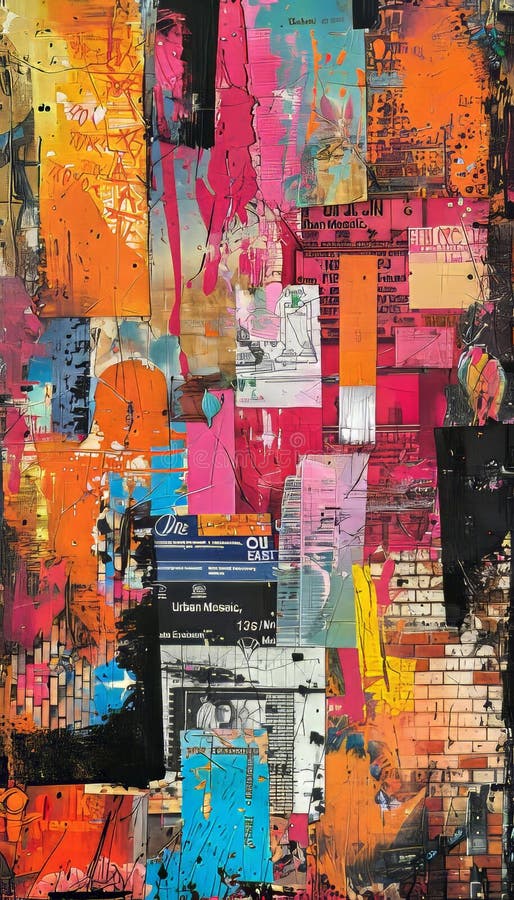 Urban mosaic a dynamic abstract collage of brick patterns, graffiti, and architectural shapes vector illustration
